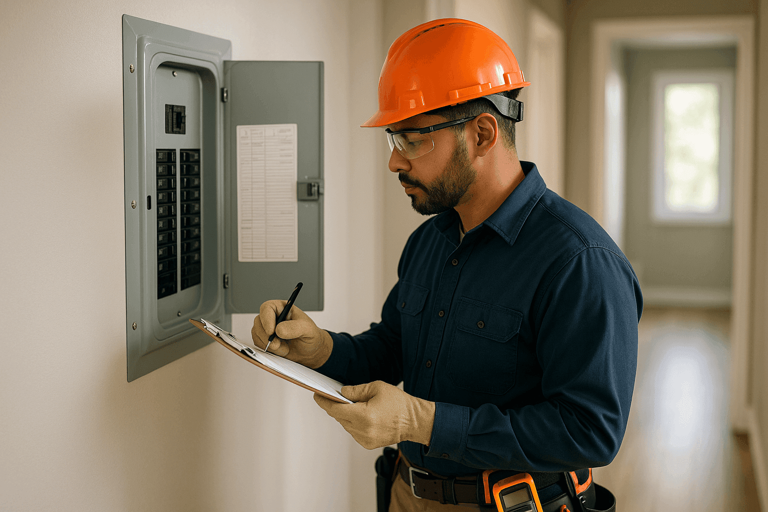 Electrician performing home electrical safety inspection with checklist and tools