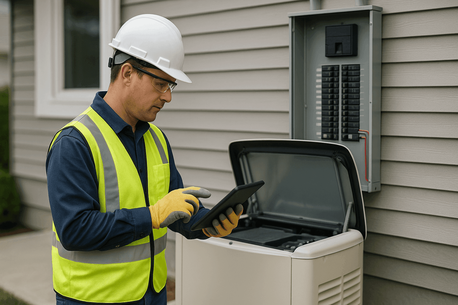 Electrician inspecting home generator and circuit panel before a storm